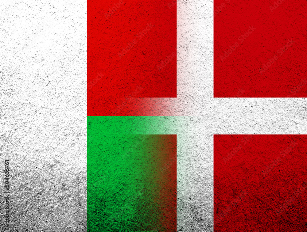 the Kingdom of Denmark National flag with The Republic of Madagascar National flag. Grunge Background the Kingdom of Denmark National flag with The Republic of Madagascar National flag. Grunge Background