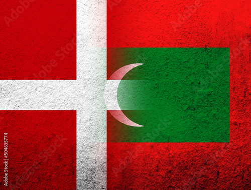 the Kingdom of Denmark National flag with The Republic of Maldives National flag. Grunge Background