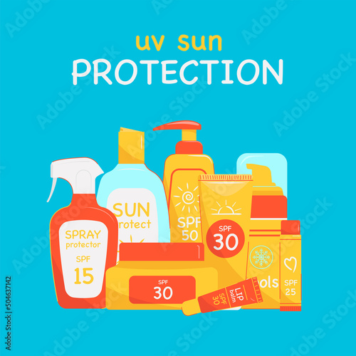 Set of sunscreen products. SPF UV protect beauty cosmetics.