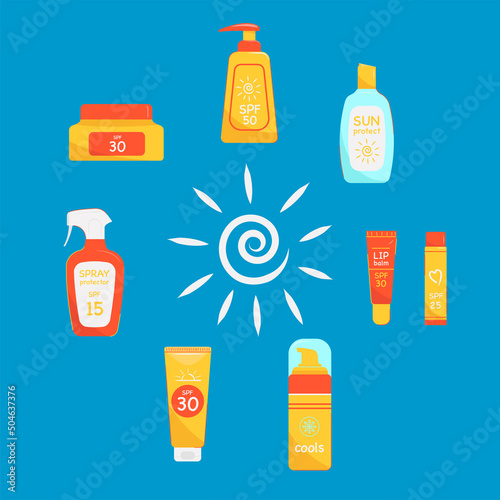 Sunscreen set on summer with SPF UVA/UVB protection. Travel vacation cosmetics banner.