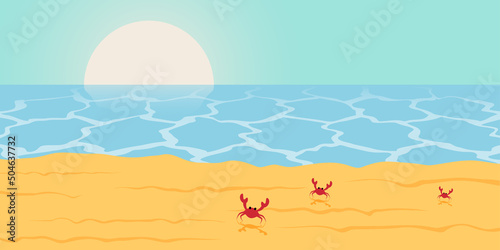 Sea sand beach with crabs Vector illustration.