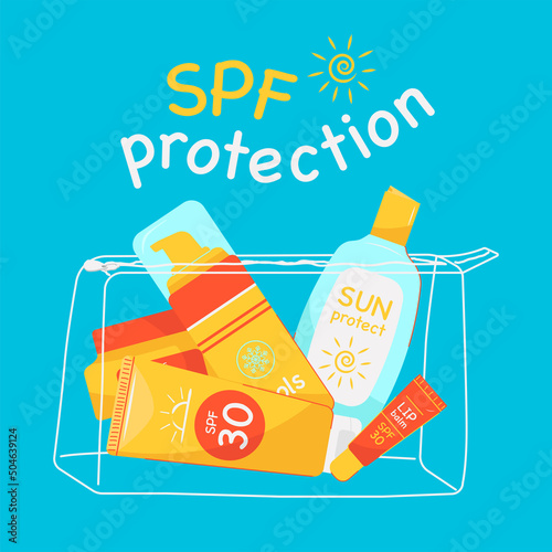 Sunscreen lotion, cosmetic set with SPF in cosmetic bag. Summer vacation ultraviolet protection products banner.	