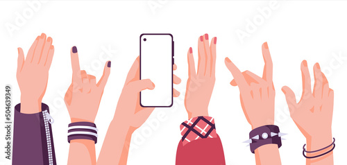 Hands of people enjoying concert or show at party, holding mobile phones, making rock  finger gestures. Flat vector illustration