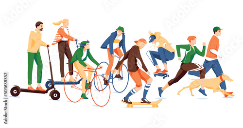 Young people ride bicycles, skateboards, scooters. Flat vector collection with kids on electric transport. Illustration in cartoon style isolated on white background..
