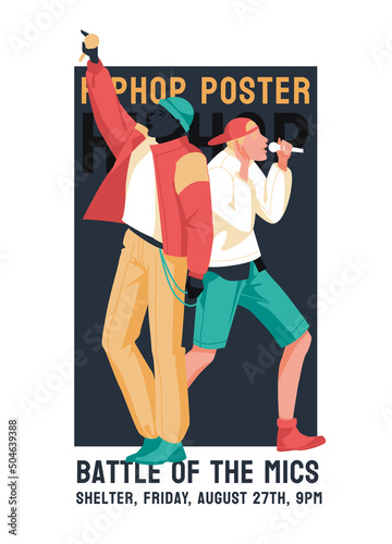 hip hop battle microphones. Two musicians on stage. Subculture. Flyer design, club events posters