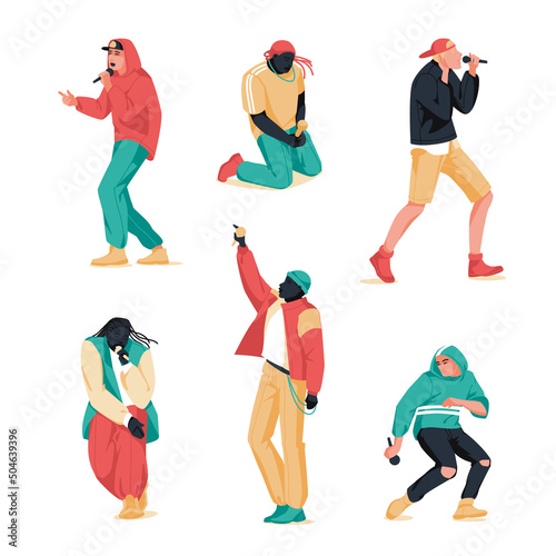 hip hop battle microphones. Set of musicians of different races, physiques on stage. Subculture. Flat vector illustration