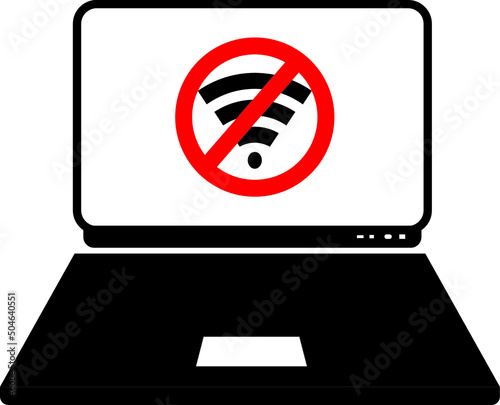 Modern device - laptop, computer or netbook pc flat design with no wifi symbol icon sign vector illustration. No keybord technology concept of bad free wireless wi-fi at home isolated