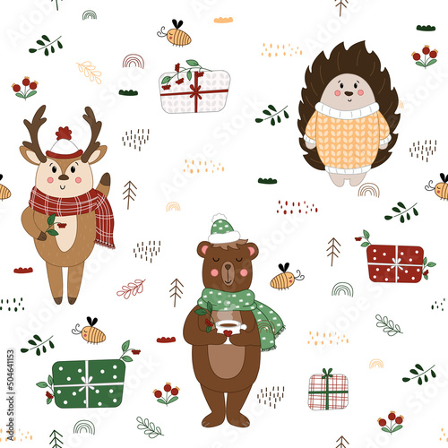 Seamless pattern with cute woodland animals  set with forest animals  vector bear  deer  hedgehog  animals in the forest
