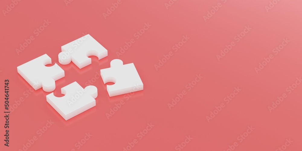 Four white puzzles on the surface. Banner size. Pink background.