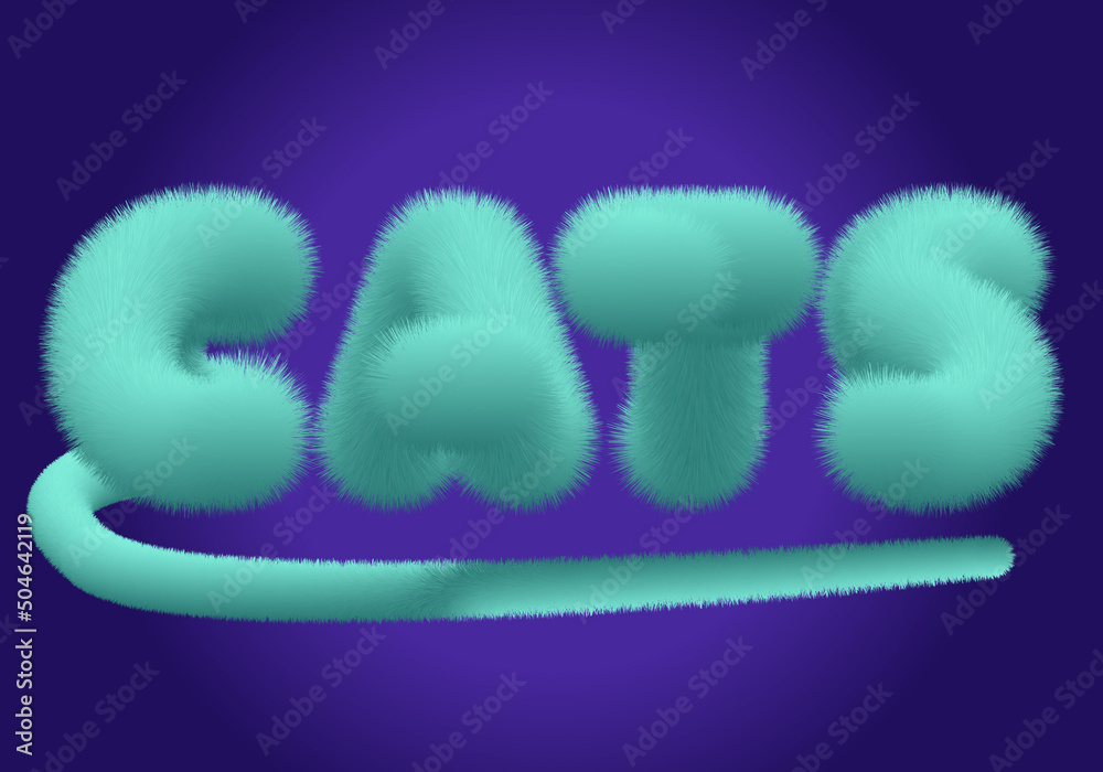 Gatos. Título 3d con la palabra gatos con textura de pelo de gato en verde sobre fondo degradado azul