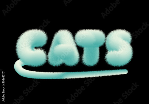 Gatos. Título 3d con la palabra gatos con textura de pelo de gato en blanco y azul sobre fondo negro