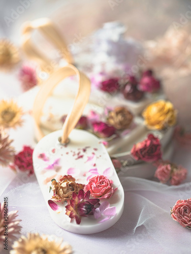 Beautiful fragrant wax with flowers. Natural handmade air freshener. Scented sachet. Flavored soy wax and essential oils.