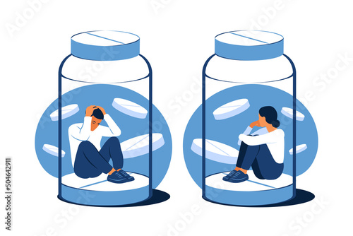 Concept of antidepressants. Depressed woman or man is sitting trapped in a pill bottle. Medicine. Addiction. Flat. Vector illustration. photo