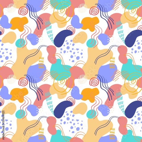 Abstract seamless pattern with colored spots in Scandinavian style, lines, stripes, dots, spirals, abstract figures. Spotted milti co ored pattern for fabrics, gift packaging design.