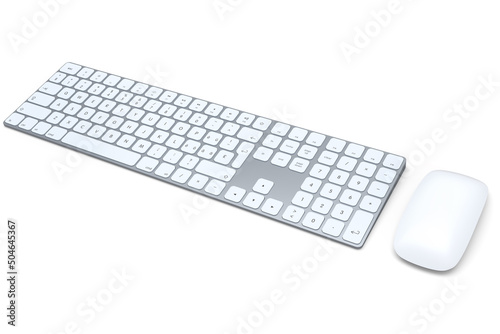 Modern aluminum computer keyboard and mouse isolated on white background.