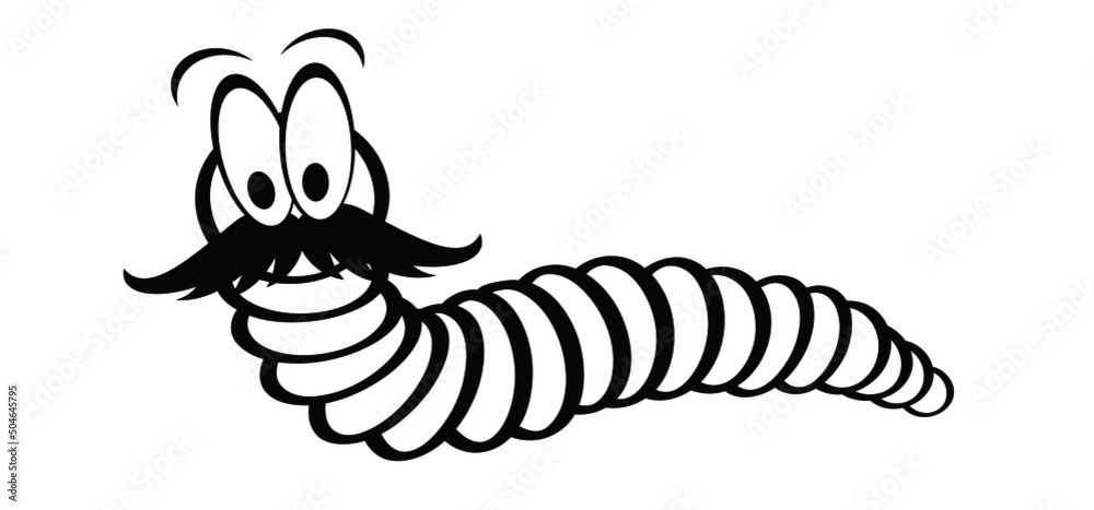 Cartoon happy worm with moustache or beard. crawling worm. Vector crawl or creep earthworm. Worms, insect with cute face and big eyes, earth worm mascot. creeping insects. Wildlife. Fish food.