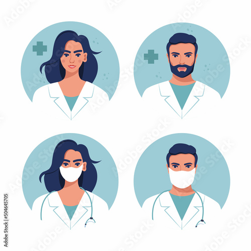 Medicine flat avatars set with male and female doctors. Medical clinic team. Round icons medical collection, vector illustration.
