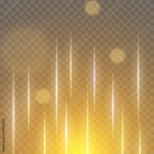Golden effects of flares and rays, glare on a transparent background.
