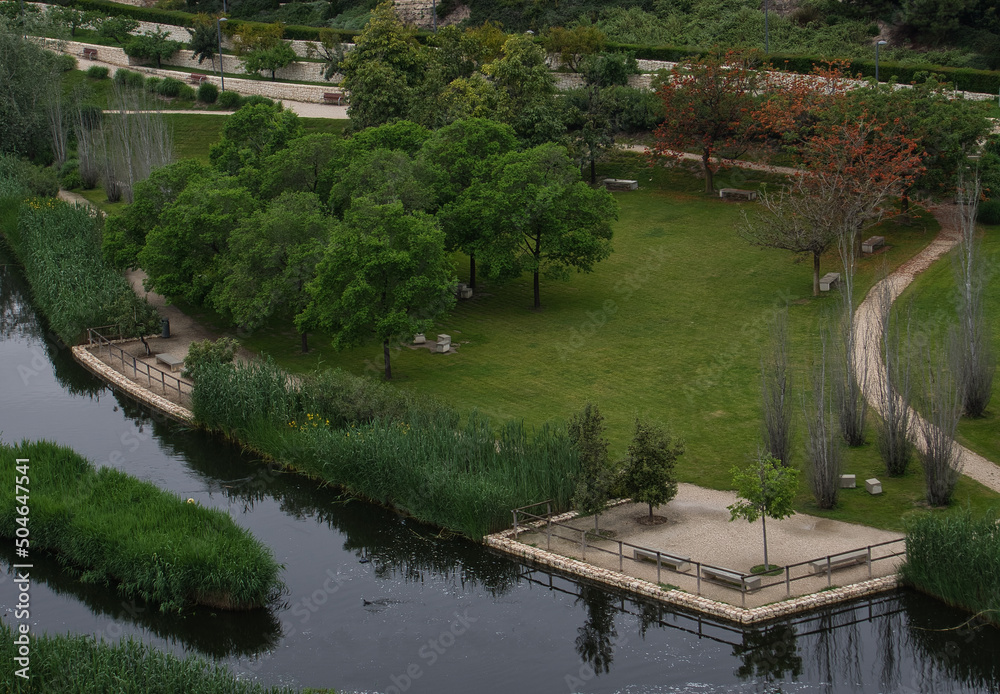 Aerial view of the park in the center of the big city. La Marjal park, Alicante. Spain