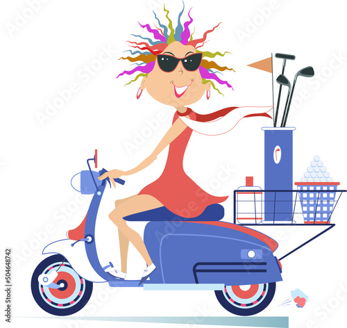 Young golfer woman riding scooter.
Smiling woman in sunglasses on the scooter is on the way to the golf course isolated on white background
