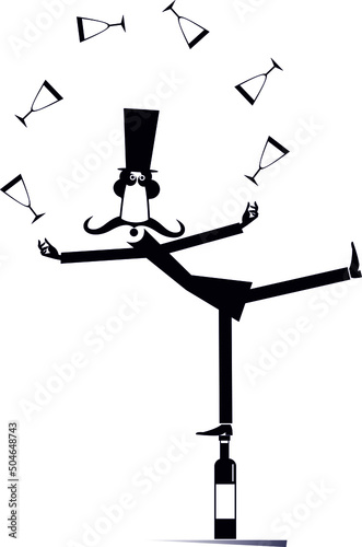 Cartoon man in the top hat juggling the wine glasses.
Funny long mustache man in the top hat balancing on bottle and juggling the wine glasses isolated on white background
