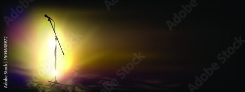 Stand microphone under the glowing multicolor bright lights. Original Vector Illustration. Silhouette of a microphone for singing with yellow spotlights in the background. Ideal for Live Music Concept