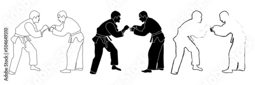 Outline sketch of a black and white silhouette of a judoka athlete in a duel, fight. Judo. Martial arts.
