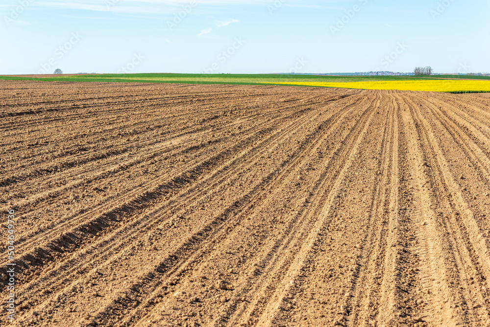 Fields cultivated in early spring in countryside.