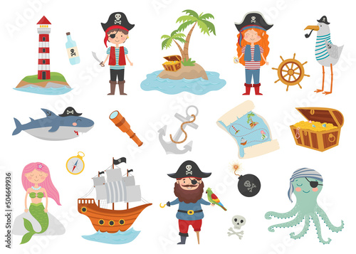 Pirate cartoon character set, flat style. Pirate, treasure island, shark, octopus, seagull, mermaid, ship and lighthouse.