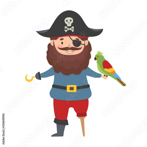 Cartoon smiling pirate captain character, with a parrot on his hand.