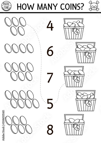 Black and white match the numbers pirate game with treasure chest and golden coins. Treasure island hunt math activity for preschool kids. Sea adventures counting worksheet or coloring page.