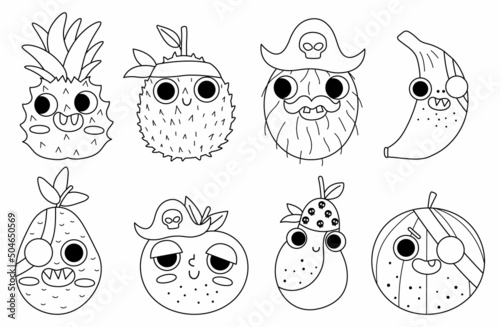 Black and white vector funny kawaii fruit icons set. Line pirate fruits coloring page. Comic plants with eyes, eye patch, mouth. Healthy summer food collection with banana, apple, pineapple.