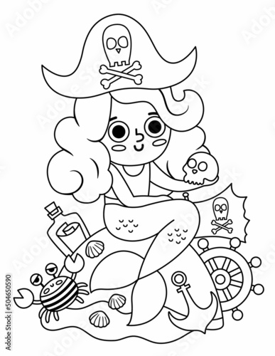 Black and white fairy tale vector pirate mermaid sitting on a rock. Line fantasy girl with sea raider accessories isolated on white background. Treasure island icon or coloring page.