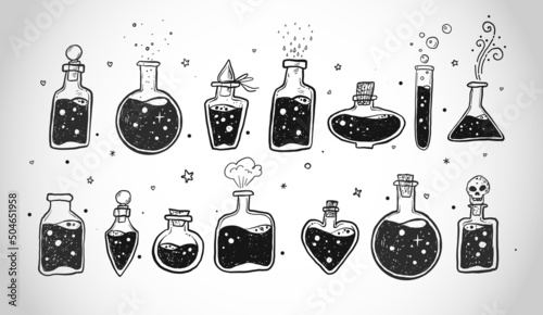 Doodles with pharmaceutical flasks, beakers and test tubes. Sketches of chemical laboratory objects with magic potion on white background. Vector illustration.