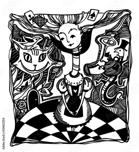 wonderland, vector illustration black and white