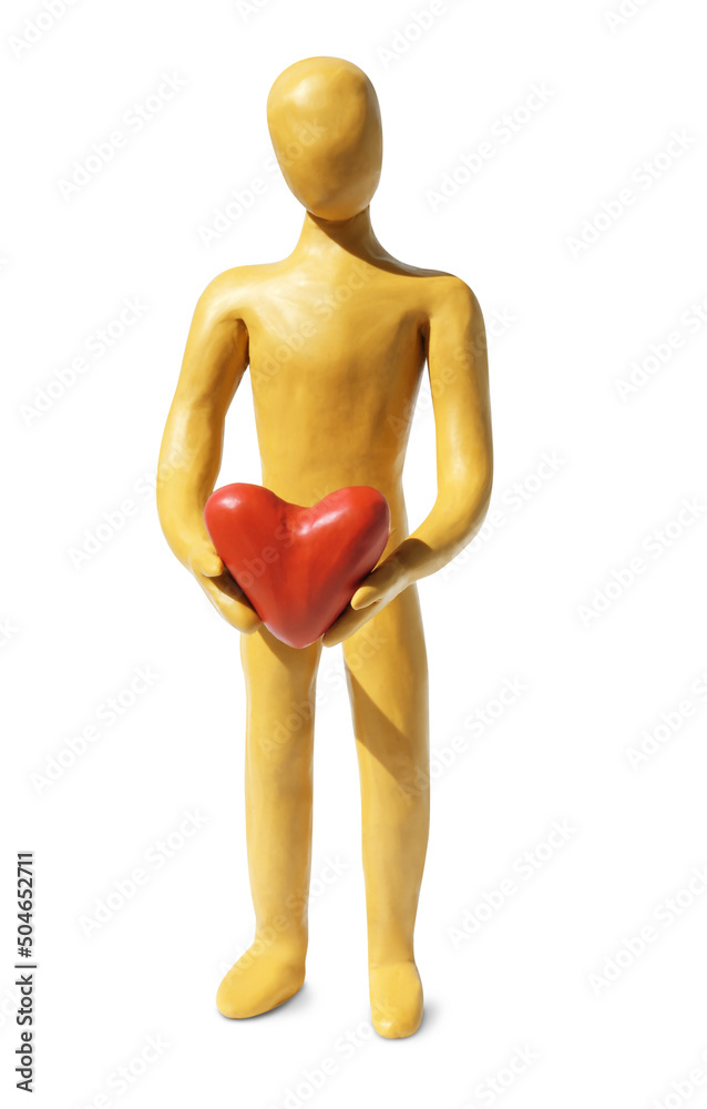 Yellow plasticine human figure with pink heart isolated on white Yellow plasticine human figure with pink heart isolated on white