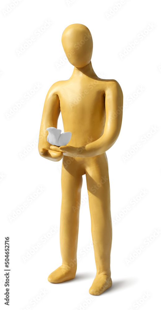 Human figure with small dove made of plasticine isolated on white Human figure with small dove made of plasticine isolated on white