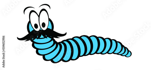 Cartoon happy worm with moustache or beard. Let it grow. No shave, november. No shave or shaving moustache. Blue ribbon, man.