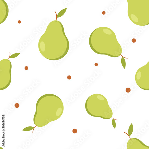 Colorful seamless pattern of hand drawn pears and green leaves on white background. Scandinavian design style. Perfect for textile manufacturing wallpaper posters etc. Vector illustration
