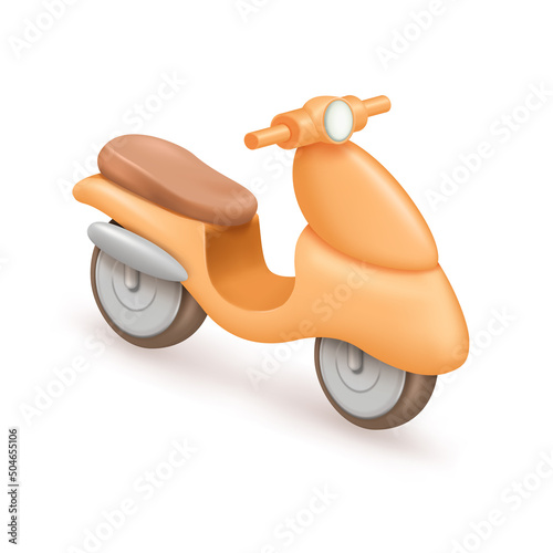 3D render of an electric scooter. Moped on white background. Icon of a lightweight motorcycle and volumetric scooter. Two-wheeled vehicle for the city. Isolated 3D vector illustration