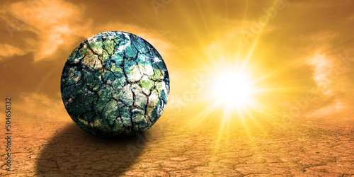 The Earth Planet in Desert Land with Shiny Sun and Hot Weather. Environment, Climate Change and Global Warning Concept 