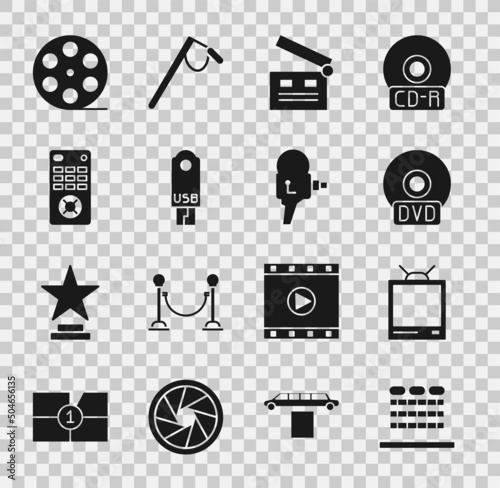 Set Cinema auditorium with seats, Retro tv, CD DVD disk, Movie clapper, USB flash drive, Remote control, Film reel and cinema camera icon. Vector