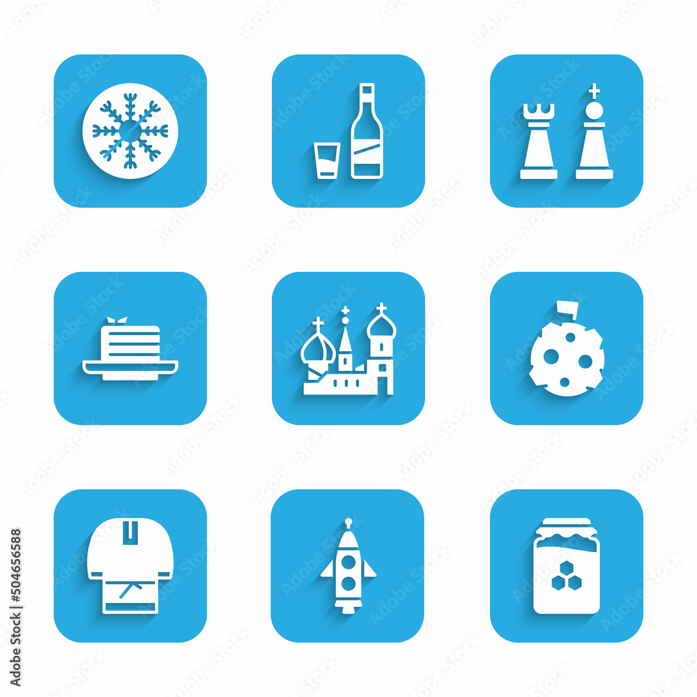 Set Saint Basil's Cathedral, Rocket ship, Jar of honey, Moon with flag, Kosovorotka, Medovik, Chess and Snowflake icon. Vector Set Saint Basil's Cathedral, Rocket ship, Jar of honey, Moon with flag, Kosovorotka, Medovik, Chess and Snowflake icon. Vector