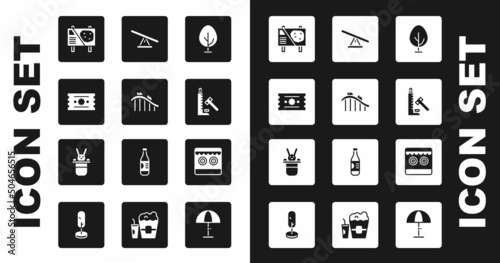 Set Tree, Roller coaster, Ticket, Amusement park billboard, Striker attraction with hammer, Seesaw, Shooting gallery and Magician hat and rabbit icon. Vector