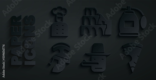 Set Pinocchio, Perfume, Roman army helmet, Slice of pizza, Coliseum Rome and Italian cook icon. Vector