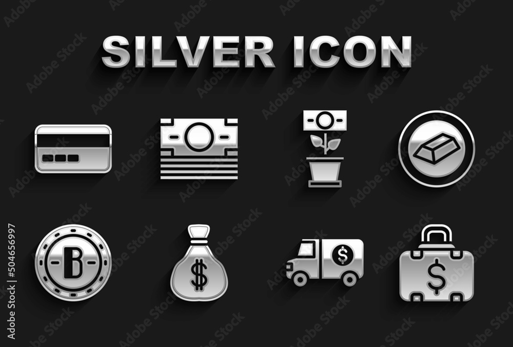 Set Money bag, Gold bars, Briefcase and money, Armored truck, Bitcoin, plant the pot, Credit card and Stacks paper cash icon. Vector Set Money bag, Gold bars, Briefcase and money, Armored truck, Bitcoin, plant the pot, Credit card and Stacks paper cash icon. Vector