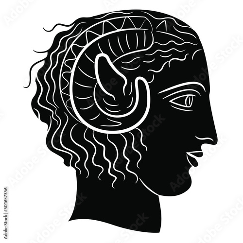 Apollo Karneios. Head of a horned antique god. Ancient Greek mythology. Black and white negative silhouette.