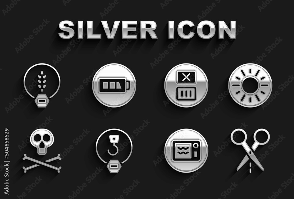 Set Industrial hook, Sun, Scissors with cut line, Microwave oven, Bones and skull warning, Temperature wash, Gluten free grain and Battery icon. Vector Set Industrial hook, Sun, Scissors with cut line, Microwave oven, Bones and skull warning, Temperature wash, Gluten free grain and Battery icon. Vector