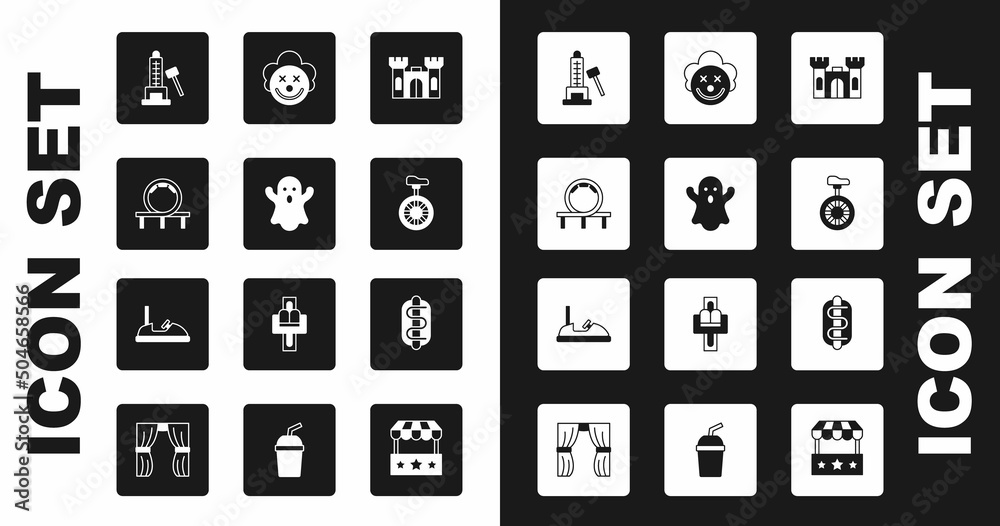 Set Castle, Ghost, Roller coaster, Striker attraction with hammer, Unicycle or one wheel bicycle, Clown head, Hotdog sandwich and Bumper car icon. Vector Set Castle, Ghost, Roller coaster, Striker attraction with hammer, Unicycle or one wheel bicycle, Clown head, Hotdog sandwich and Bumper car icon. Vector