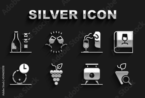 Set Bunch of grapes, Book about wine, Grapes, Fermentation, Wooden barrel for, Sommelier, Bottle and Wine tasting, degustation icon. Vector